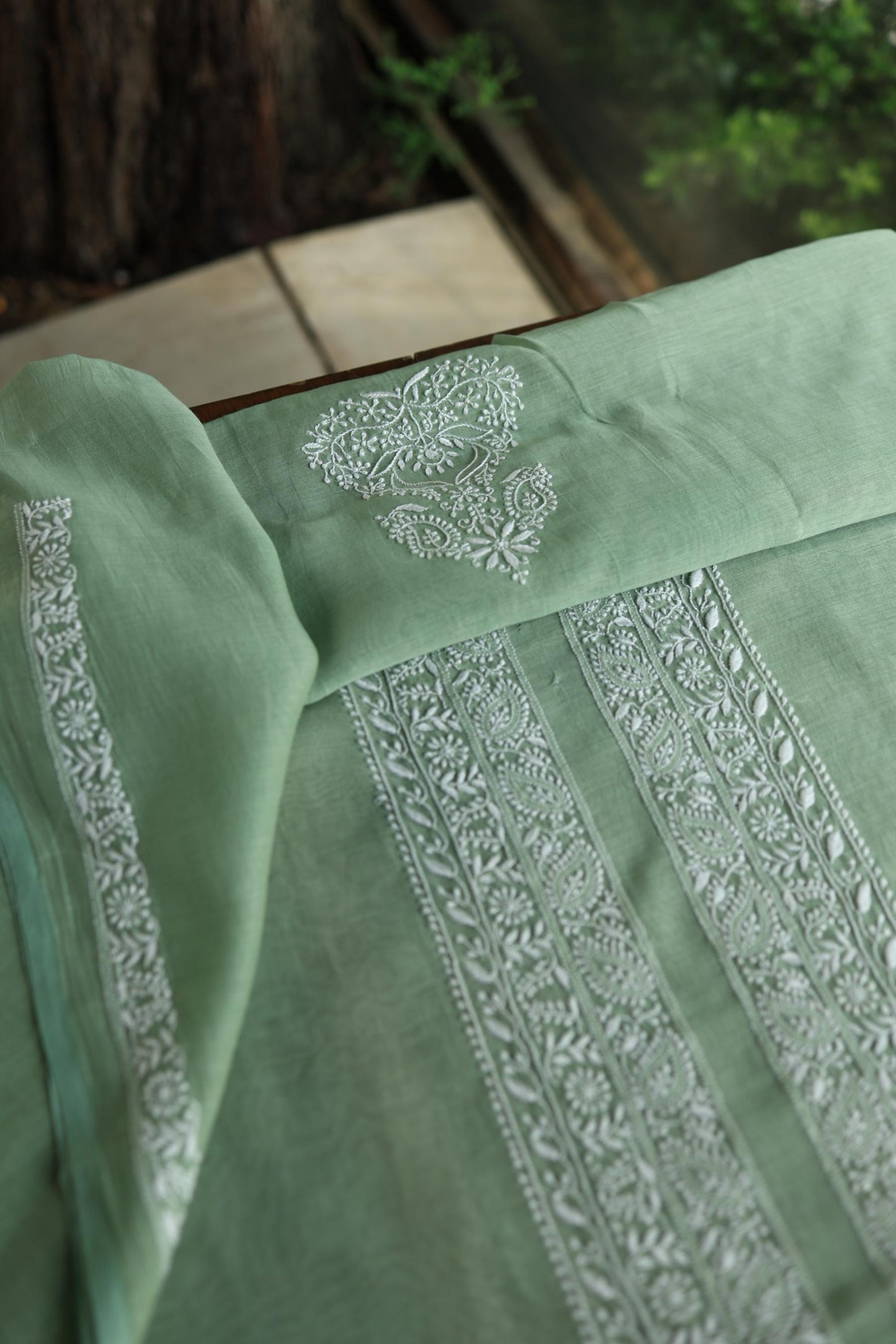 Cascade Green Shade Mulmul Chikankari Unstitched Men's Kurtas Fabric