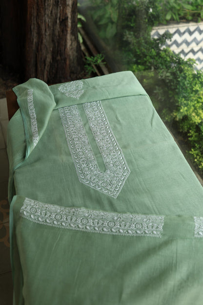 Cascade Green Shade Mulmul Chikankari Unstitched Men's Kurtas Fabric