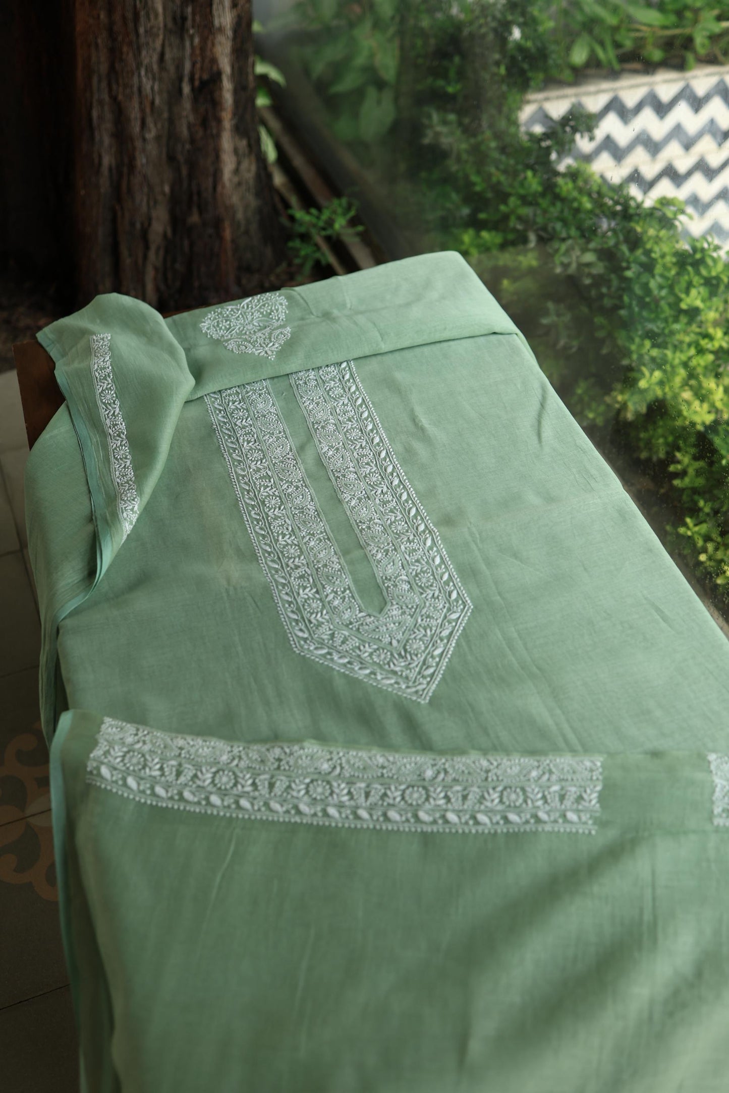 Cascade Green Shade Mulmul Chikankari Unstitched Men's Kurtas Fabric