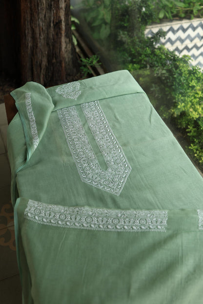 Cascade Green Shade Mulmul Chikankari Unstitched Men's Kurtas Fabric