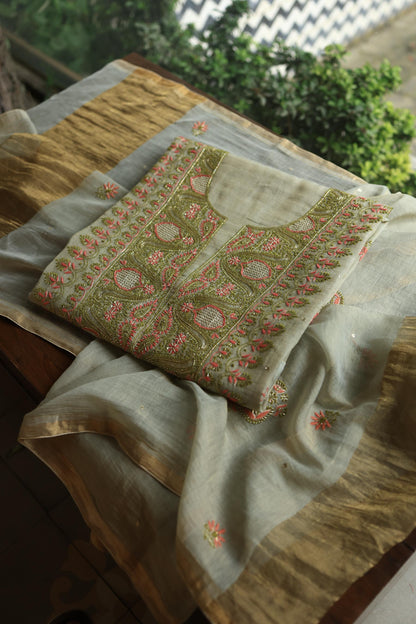 Cement Green Shade Tissue Silk Chikankari Unstitched Fabric