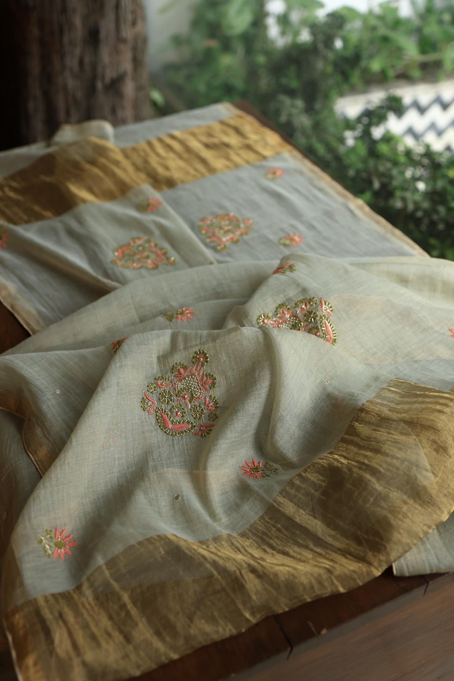 Cement Green Shade Tissue Silk Chikankari Unstitched Fabric