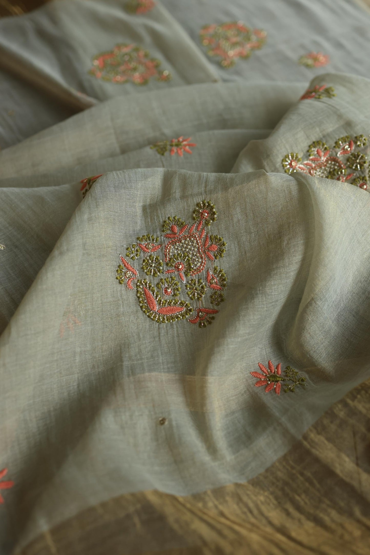 Cement Green Shade Tissue Silk Chikankari Unstitched Fabric