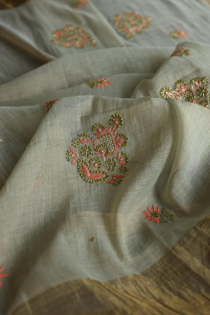 Cement Green Shade Tissue Silk Chikankari Unstitched Fabric