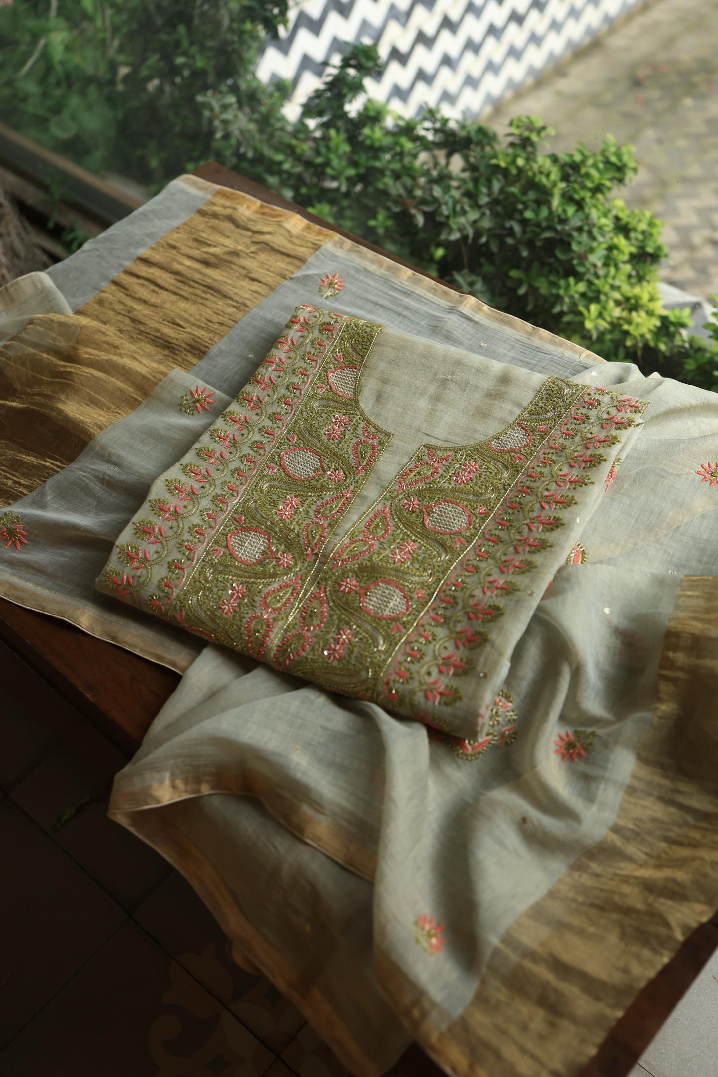 Cement Green Shade Tissue Silk Chikankari Unstitched Fabric