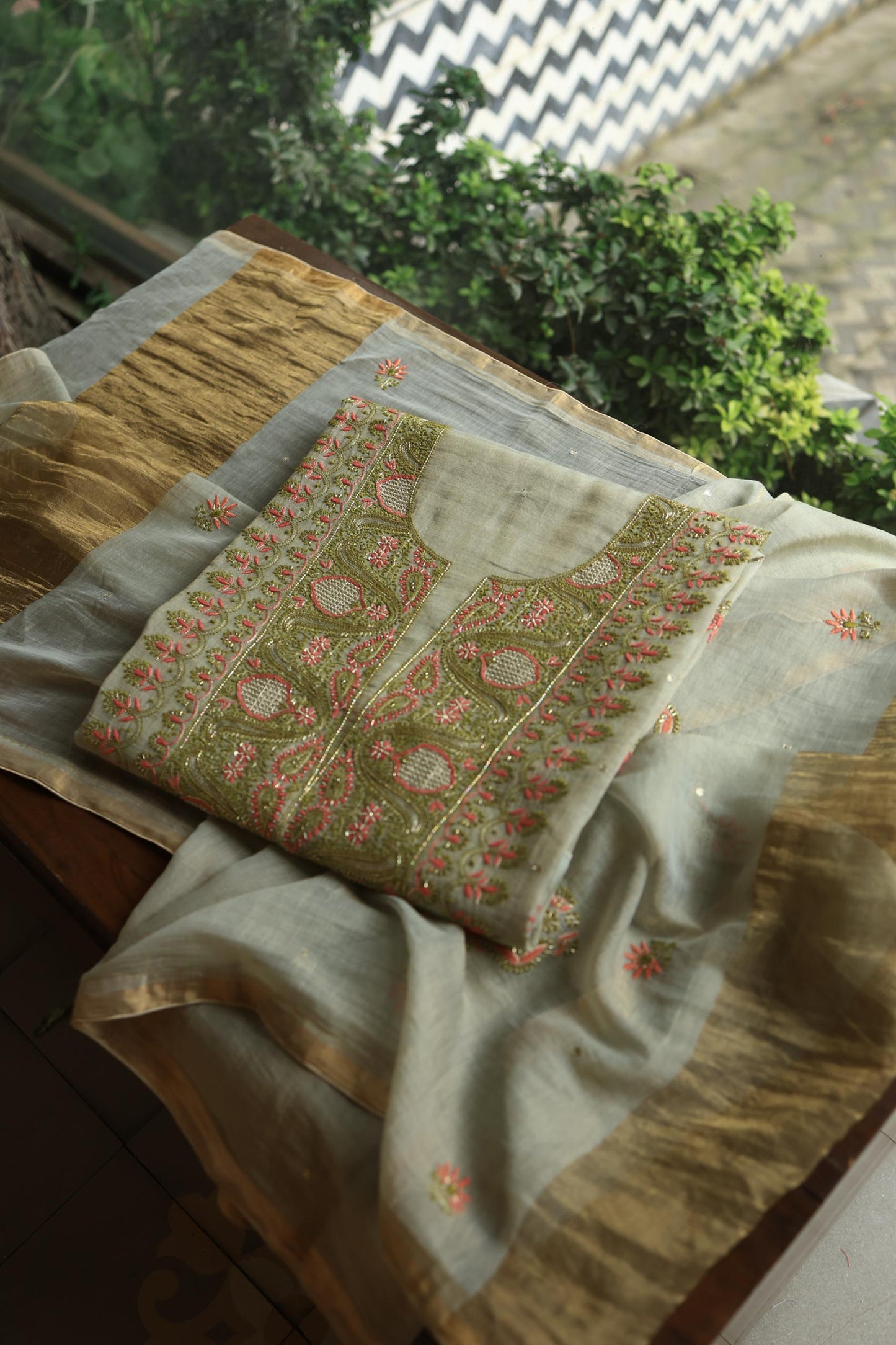 Cement Green Shade Tissue Silk Chikankari Unstitched Fabric