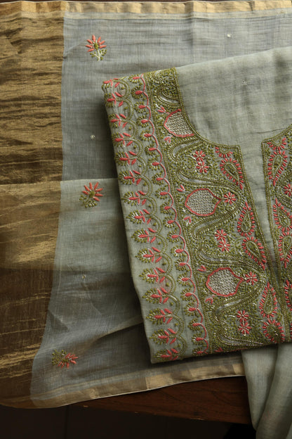 Cement Green Shade Tissue Silk Chikankari Unstitched Fabric