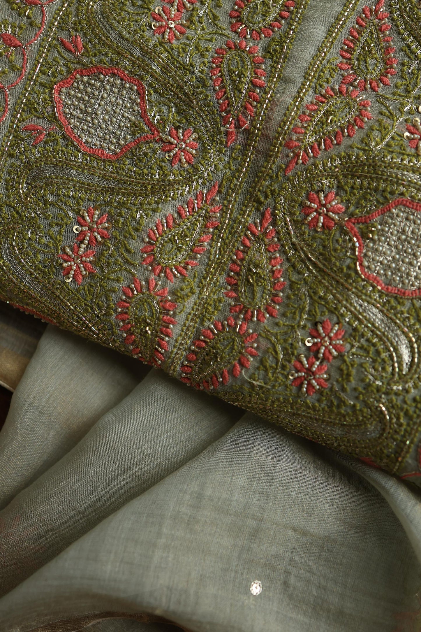 Cement Green Shade Tissue Silk Chikankari Unstitched Fabric