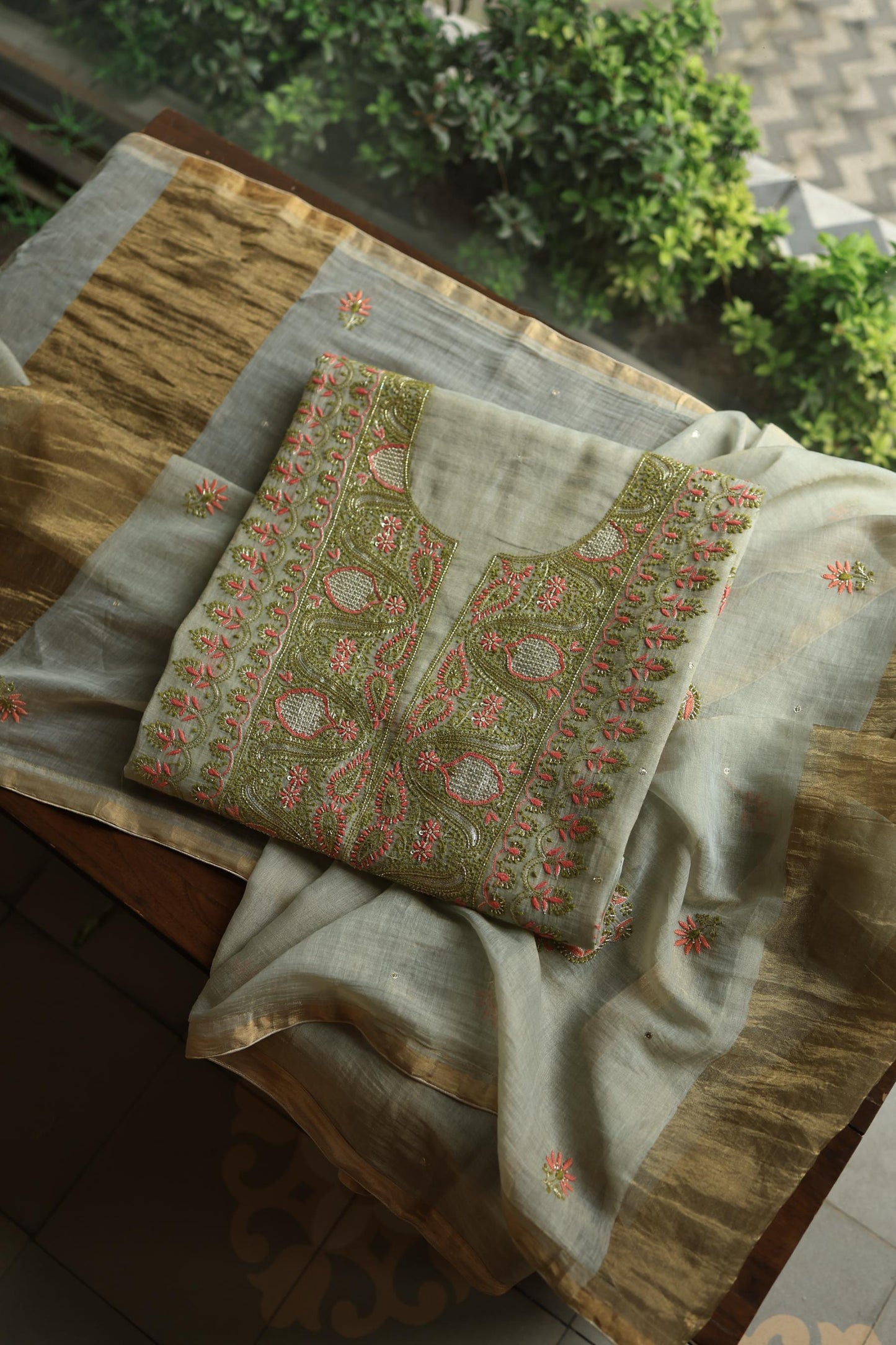 Cement Green Shade Tissue Silk Chikankari Unstitched Fabric