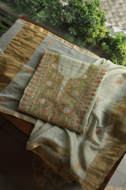 Cement Green Shade Tissue Silk Chikankari Unstitched Fabric