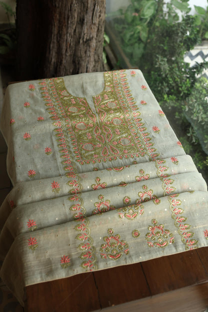 Cement Green Shade Tissue Silk Chikankari Unstitched Fabric