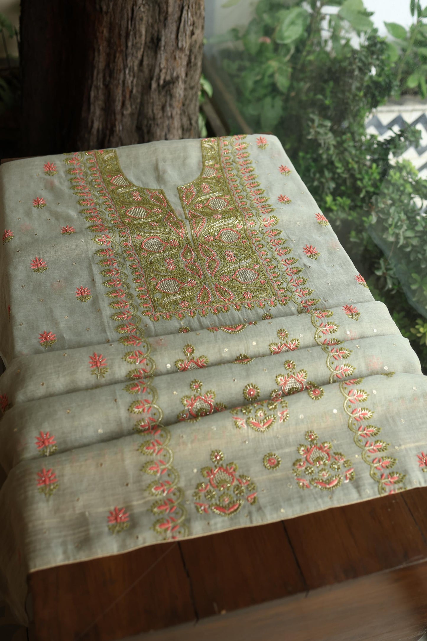 Cement Green Shade Tissue Silk Chikankari Unstitched Fabric