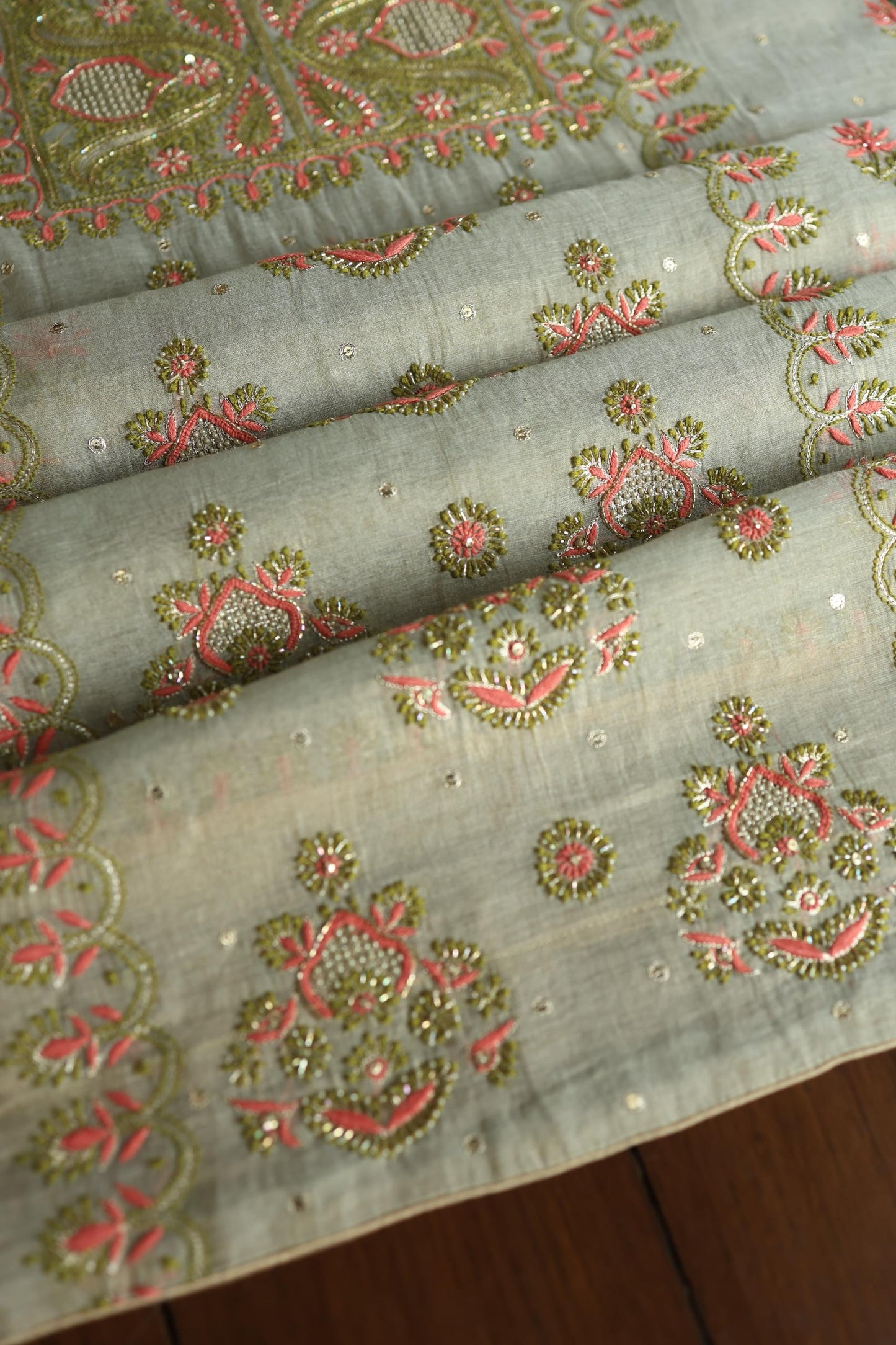 Cement Green Shade Tissue Silk Chikankari Unstitched Fabric