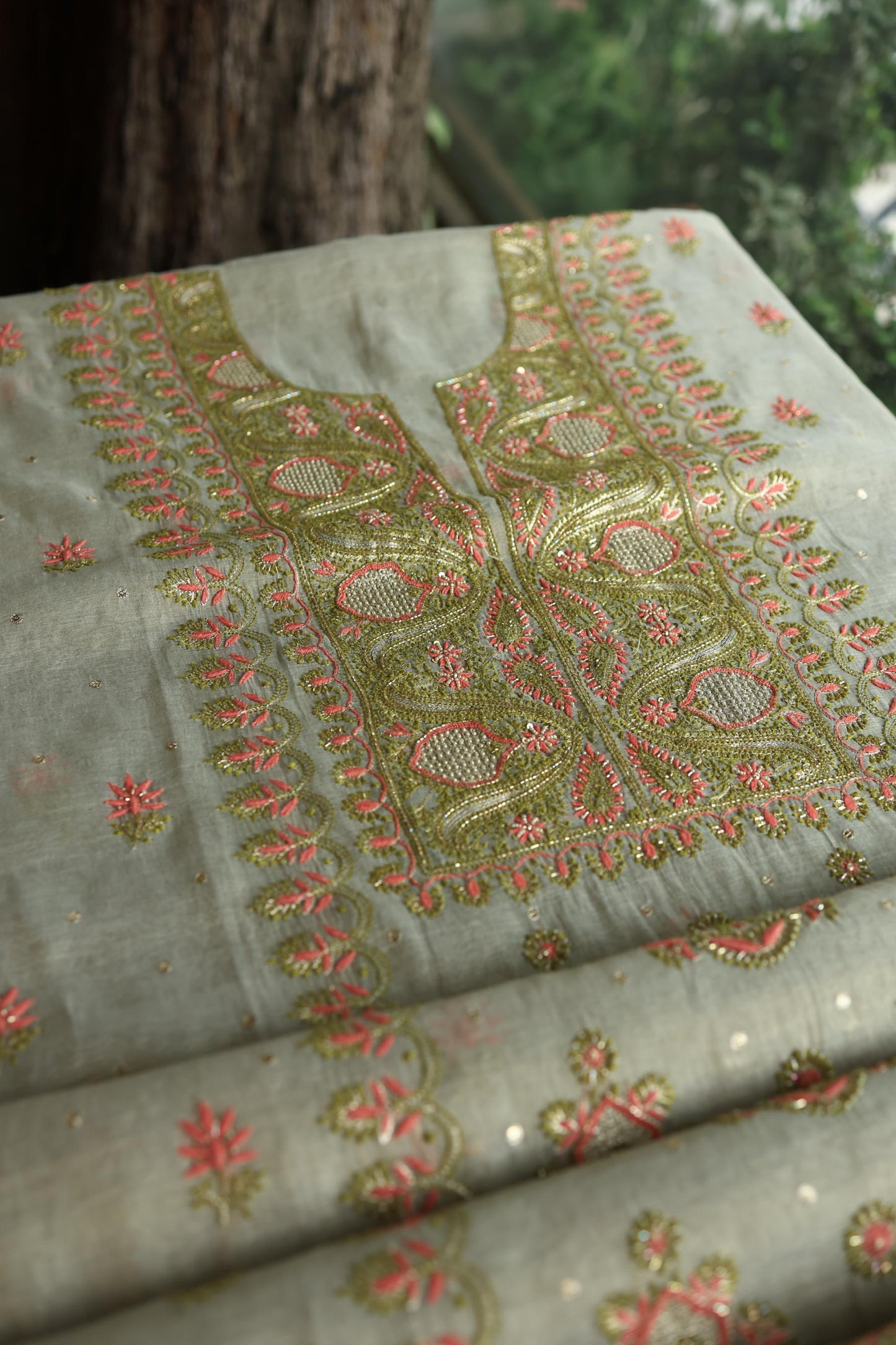 Cement Green Shade Tissue Silk Chikankari Unstitched Fabric