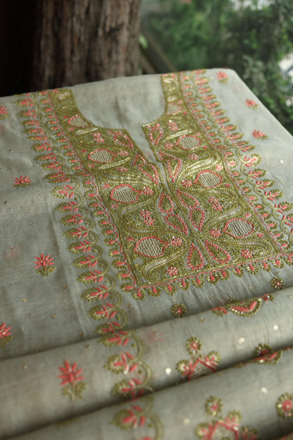 Cement Green Shade Tissue Silk Chikankari Unstitched Fabric