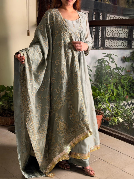 Cement Grey Heriloom Chikankari Dupatta Angarkha