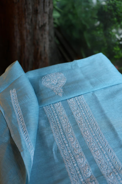 Blue Linen Chikankari Unstitched Men's Kurta Fabric