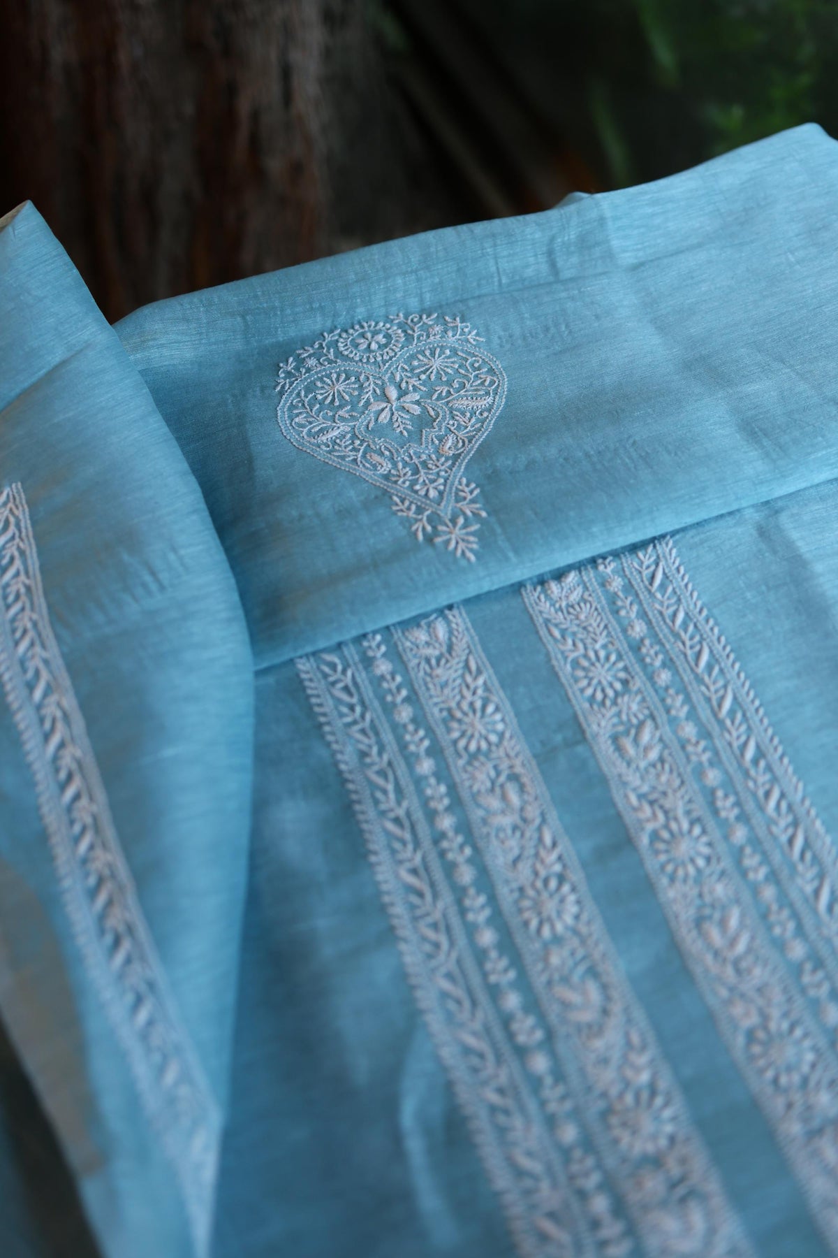Blue Linen Chikankari Unstitched Men's Kurta Fabric