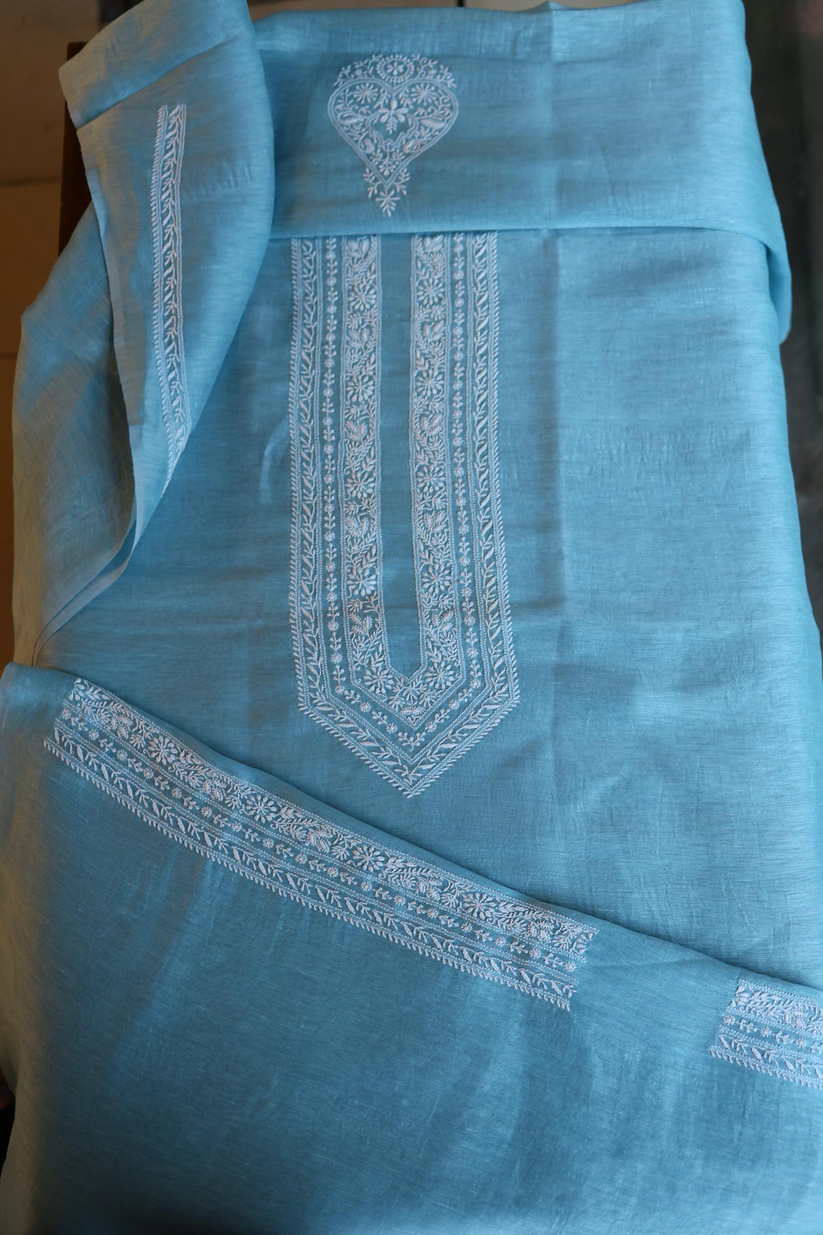 Blue Linen Chikankari Unstitched Men's Kurta Fabric
