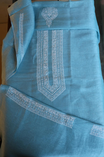 Blue Linen Chikankari Unstitched Men's Kurta Fabric