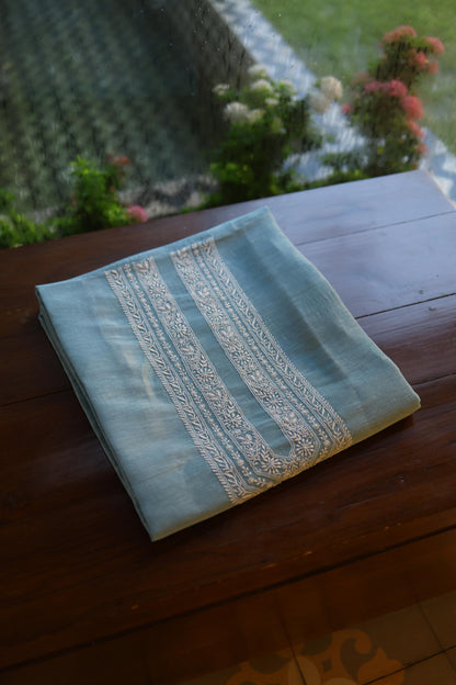 Blue Linen Chikankari Unstitched Men's Kurta Fabric