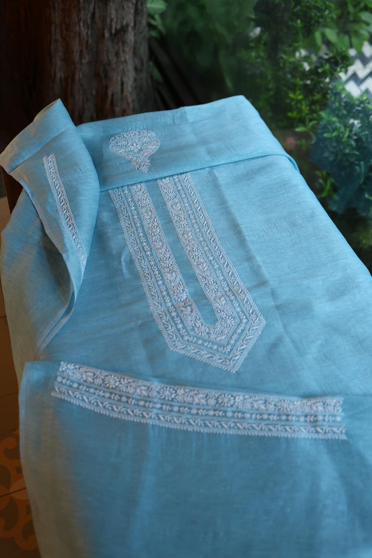 Blue Linen Chikankari Unstitched Men's Kurta Fabric