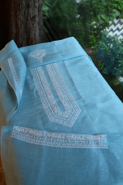 Blue Linen Chikankari Unstitched Men's Kurta Fabric