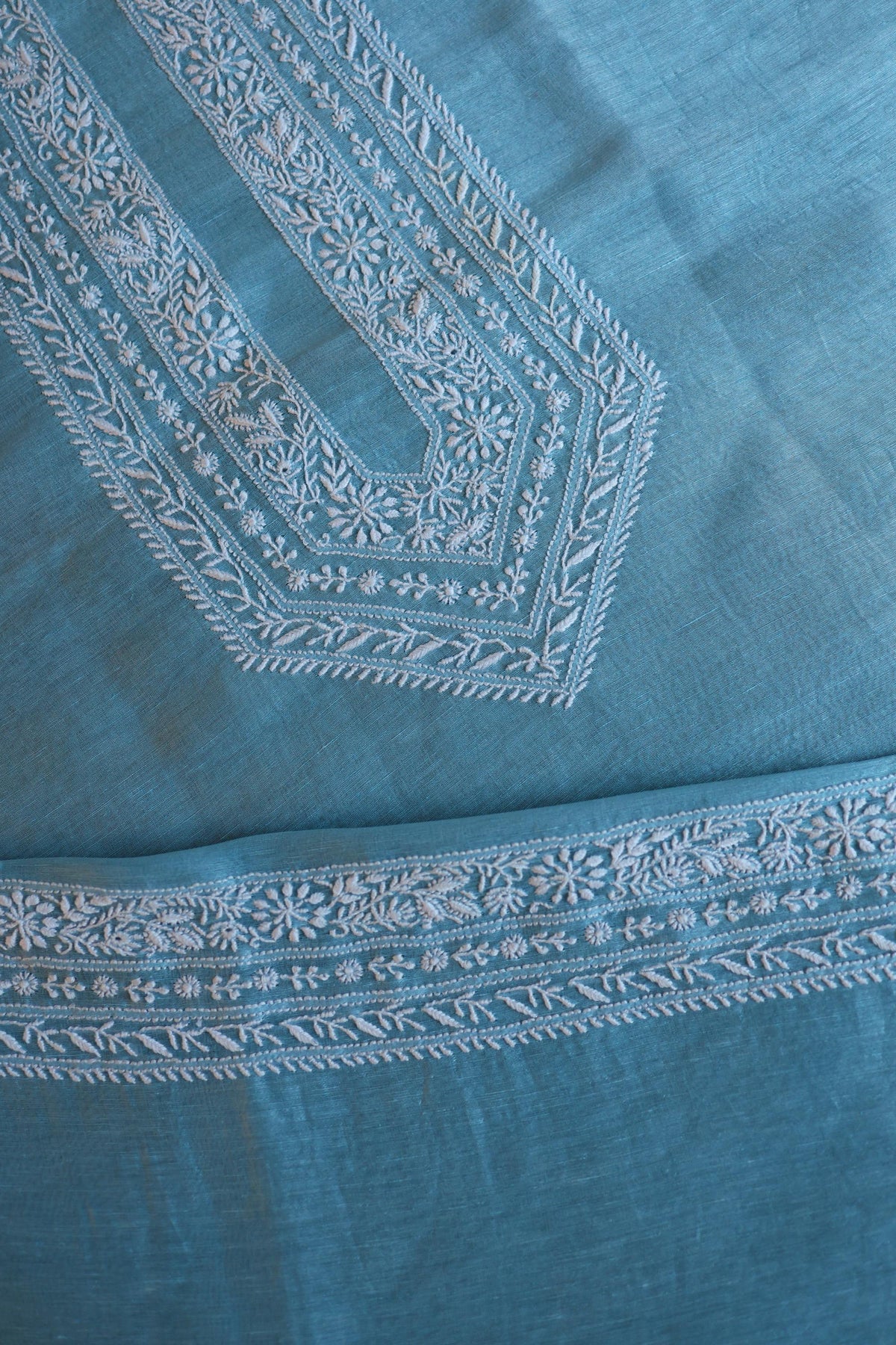 Blue Linen Chikankari Unstitched Men's Kurta Fabric