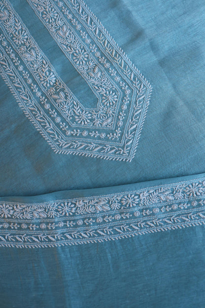 Blue Linen Chikankari Unstitched Men's Kurta Fabric