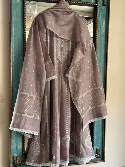 Cement Grey Shade Malmal Pearl Work Chikankari Anarkali