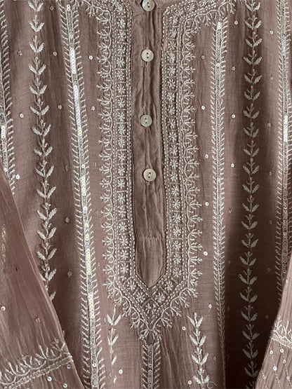 Cement Grey Shade Malmal Pearl Work Chikankari Anarkali