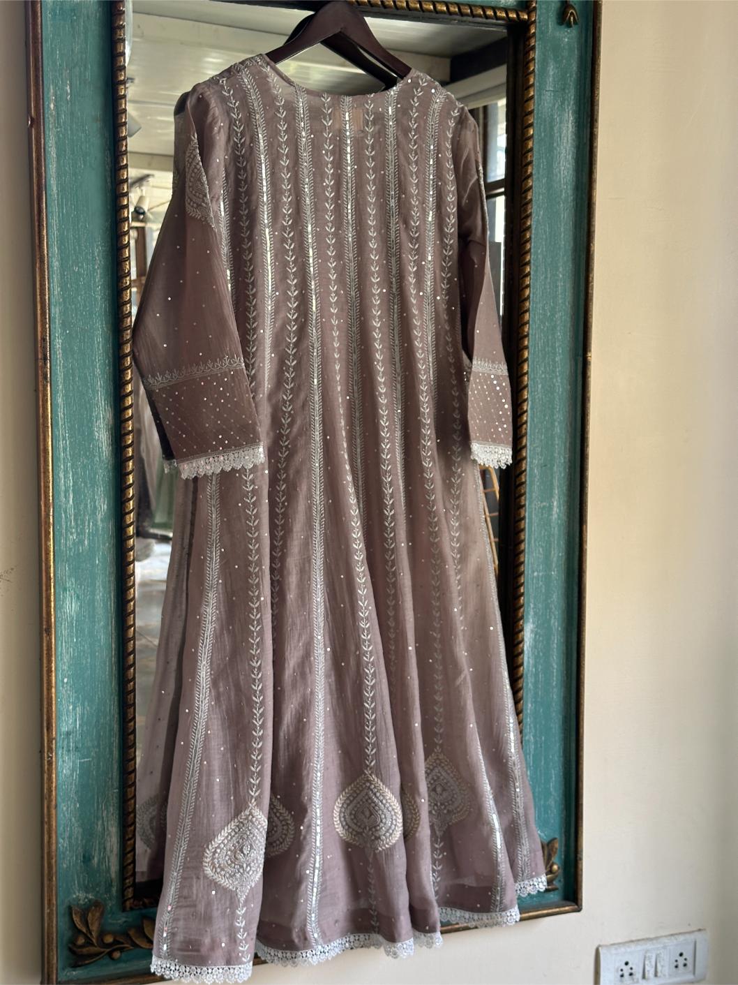 Cement Grey Shade Malmal Pearl Work Chikankari Anarkali