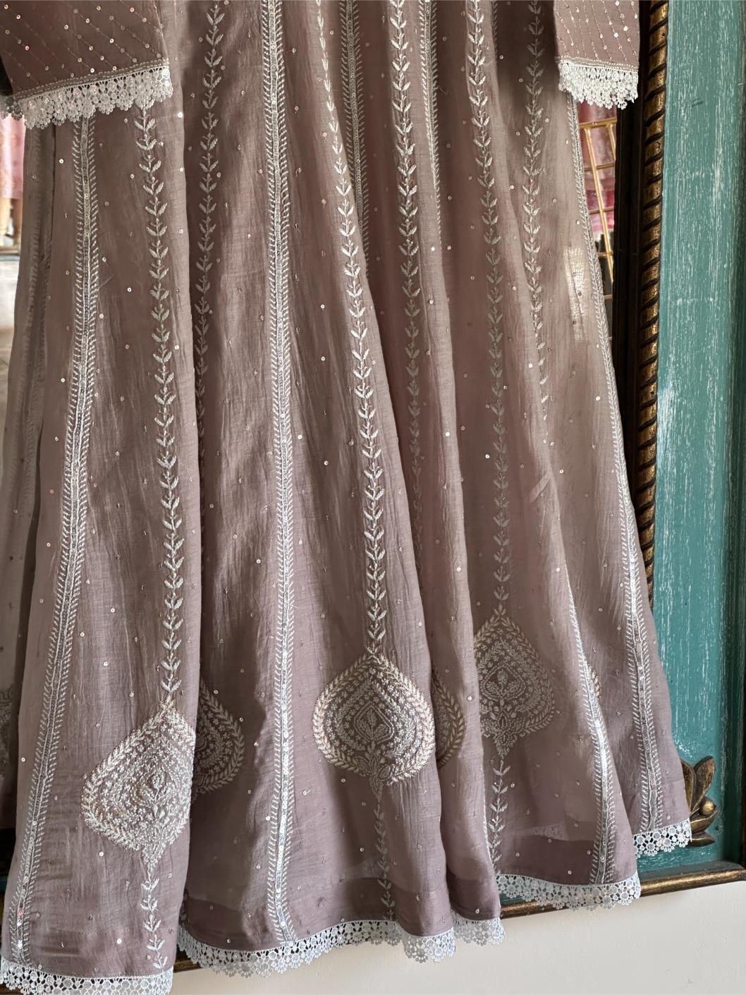 Cement Grey Shade Malmal Pearl Work Chikankari Anarkali