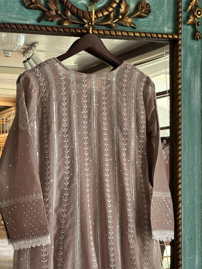 Cement Grey Shade Malmal Pearl Work Chikankari Anarkali
