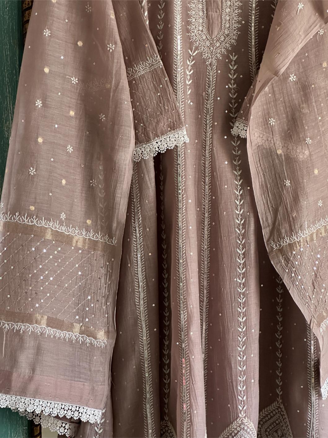 Cement Grey Shade Malmal Pearl Work Chikankari Anarkali
