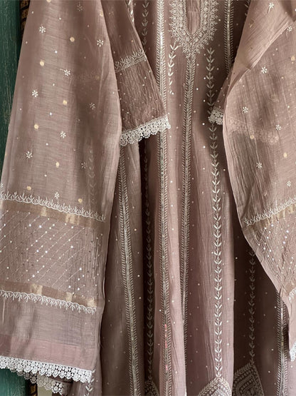 Cement Grey Shade Malmal Pearl Work Chikankari Anarkali
