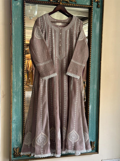 Cement Grey Shade Malmal Pearl Work Chikankari Anarkali