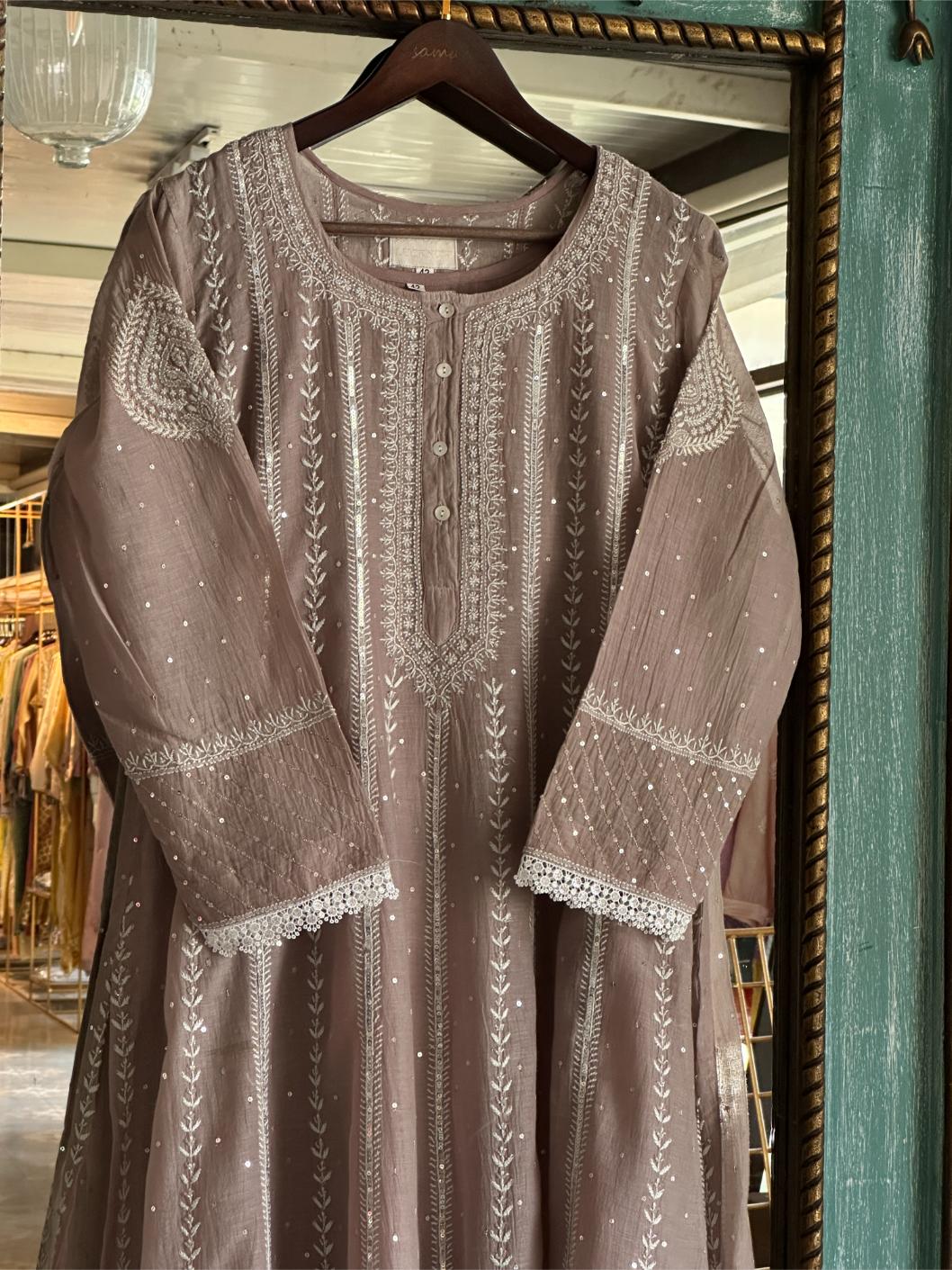 Cement Grey Shade Malmal Pearl Work Chikankari Anarkali