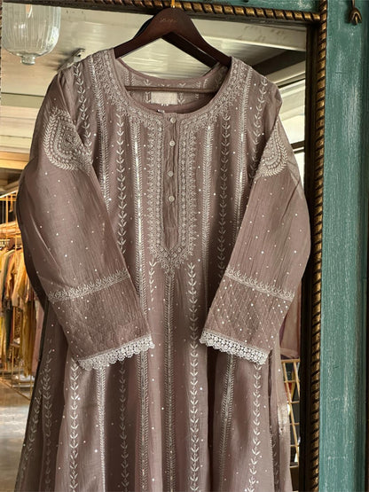 Cement Grey Shade Malmal Pearl Work Chikankari Anarkali
