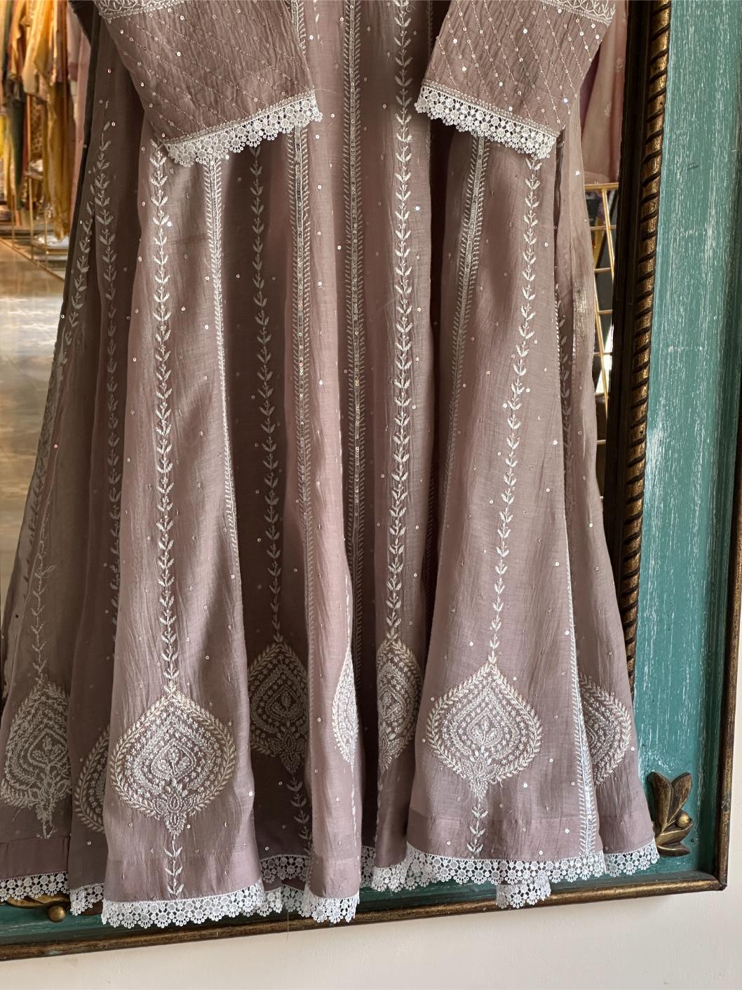 Cement Grey Shade Malmal Pearl Work Chikankari Anarkali