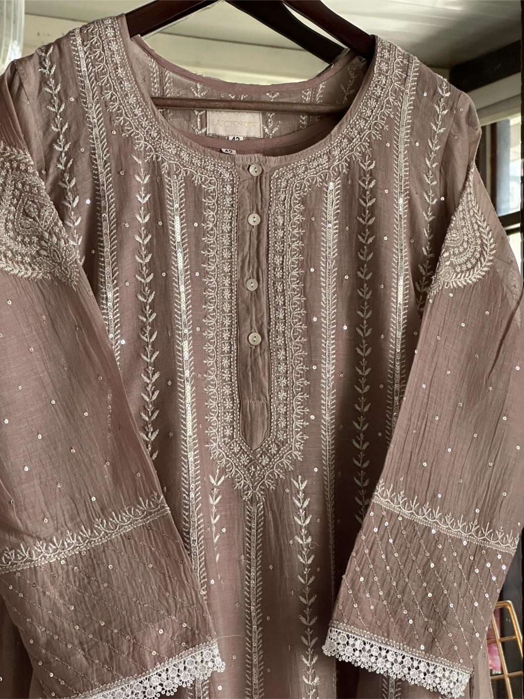 Cement Grey Shade Malmal Pearl Work Chikankari Anarkali