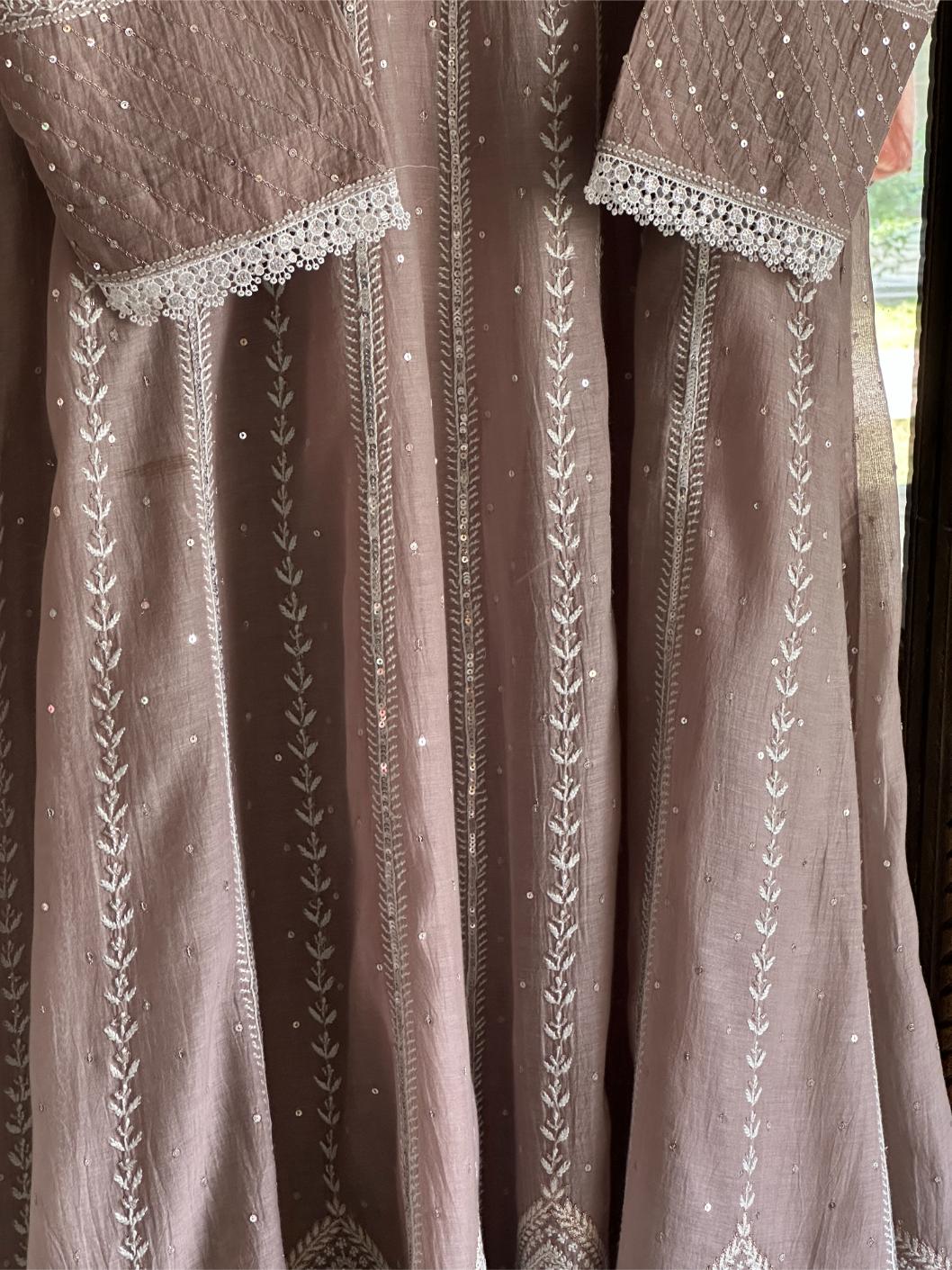 Cement Grey Shade Malmal Pearl Work Chikankari Anarkali