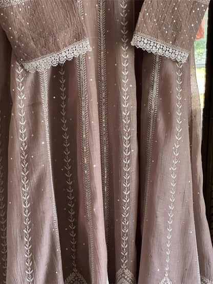 Cement Grey Shade Malmal Pearl Work Chikankari Anarkali