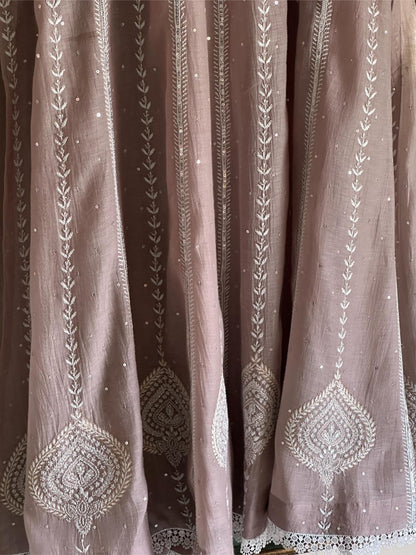 Cement Grey Shade Malmal Pearl Work Chikankari Anarkali