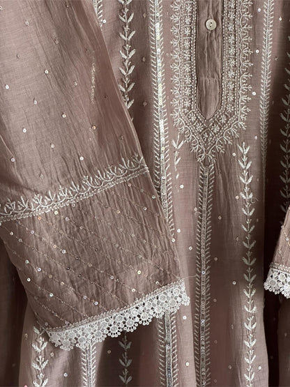 Cement Grey Shade Malmal Pearl Work Chikankari Anarkali