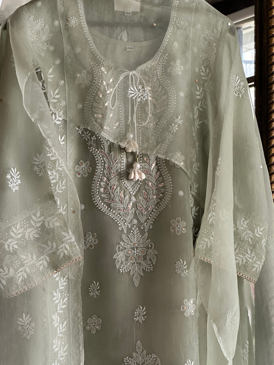 Cement Grey Shade Noor Organza Chikankari Applique Kurta Set