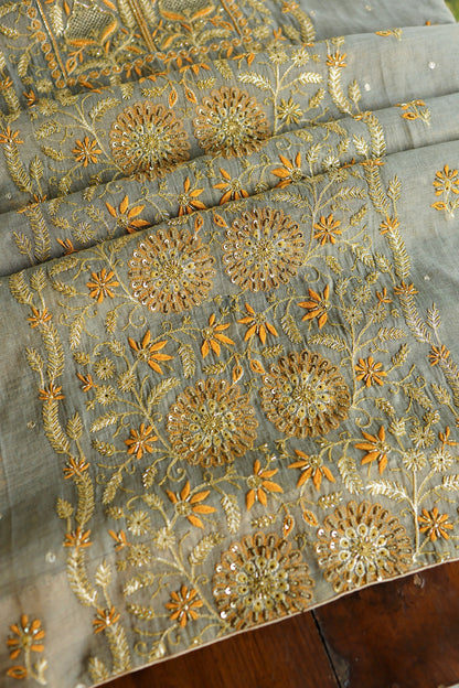 Cement Grey Shade Tissue Silk Chikankari Unstitched Fabric