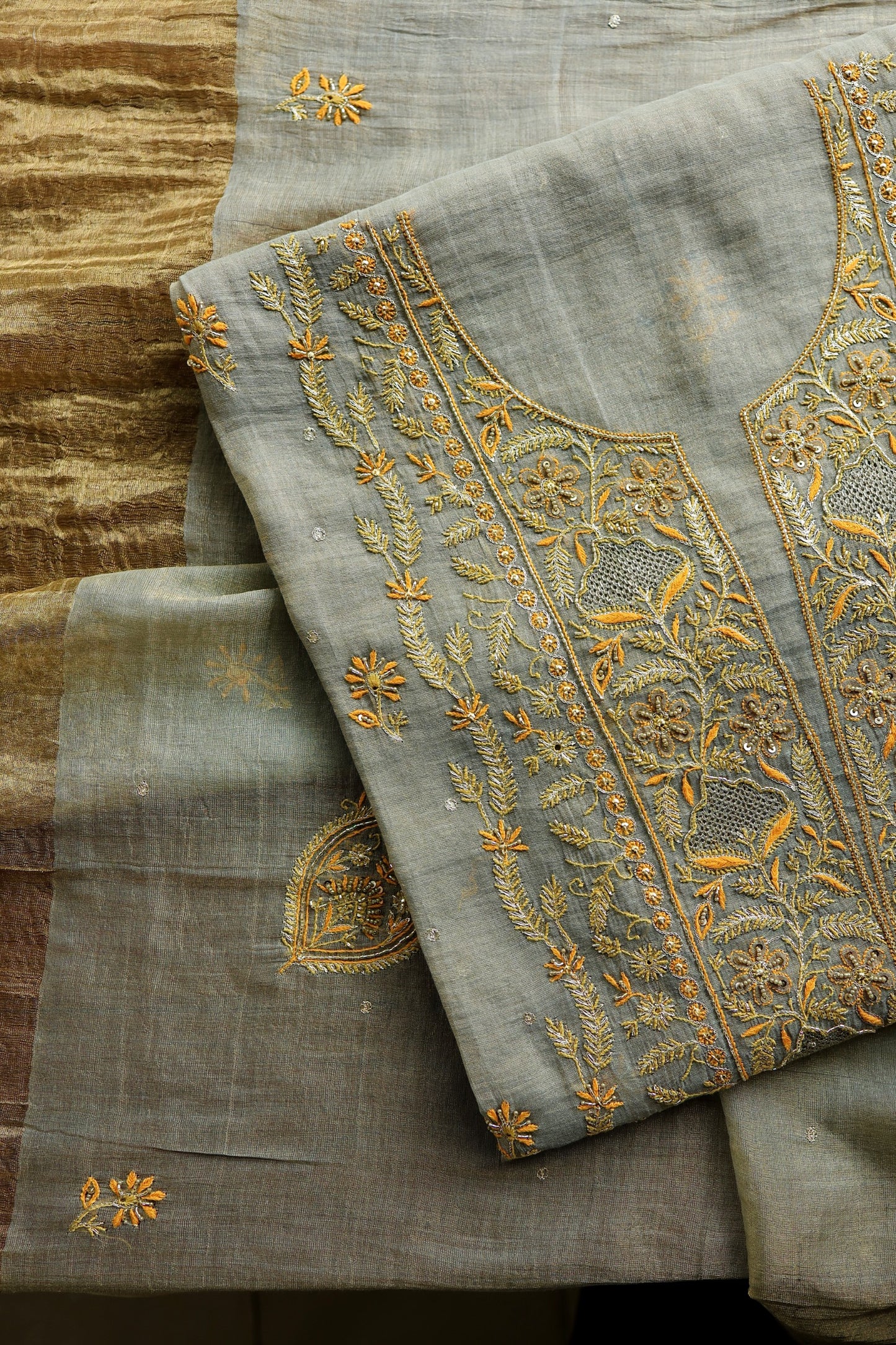 Cement Grey Shade Tissue Silk Chikankari Unstitched Fabric