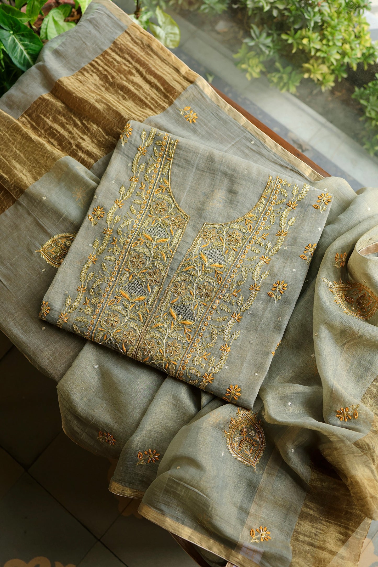 Cement Grey Shade Tissue Silk Chikankari Unstitched Fabric