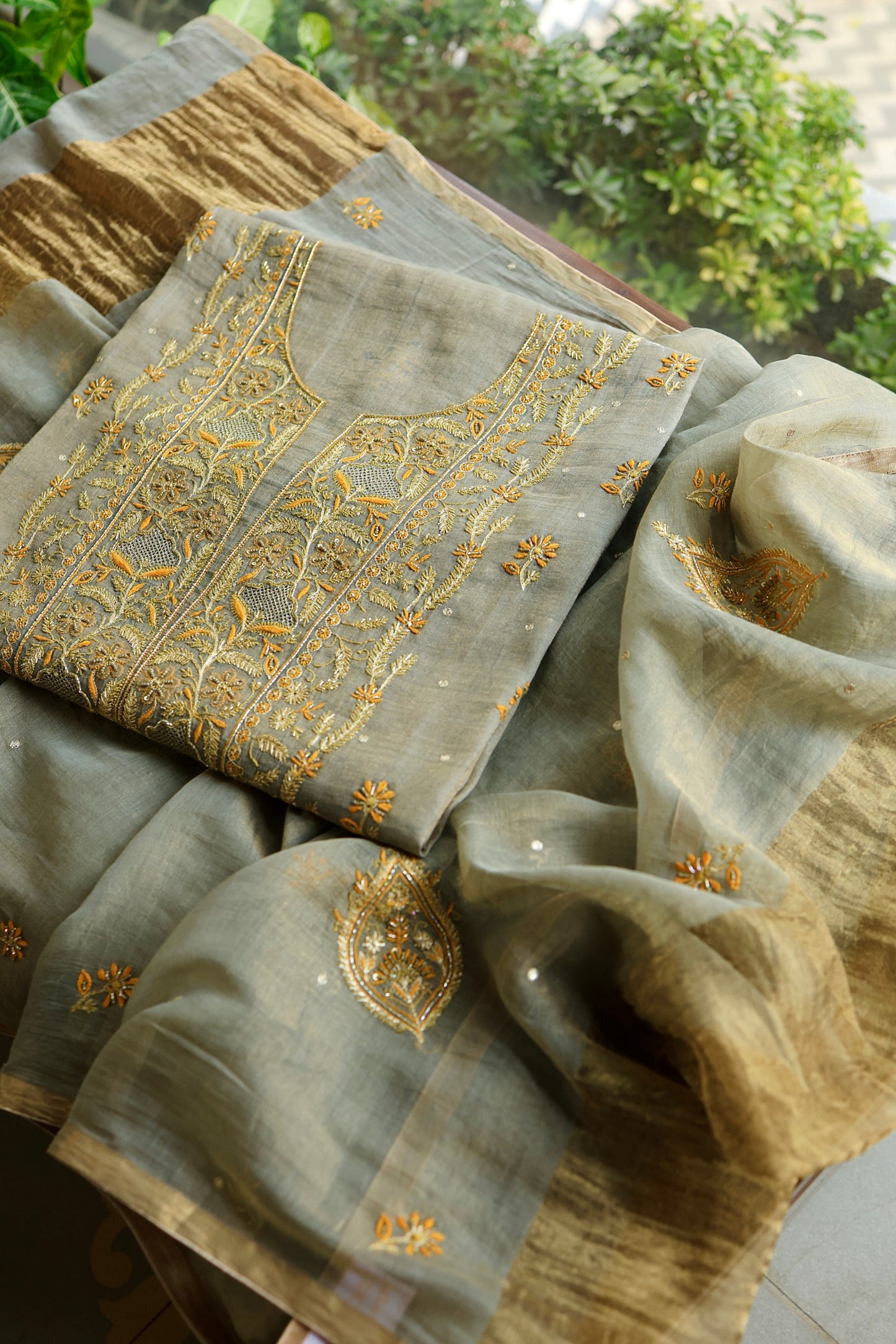 Cement Grey Shade Tissue Silk Chikankari Unstitched Fabric